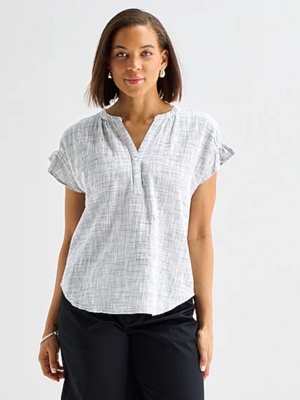 Liz Claiborne Womens Split Crew Neck Short Sleeve Blouse SIZE XS Navy/White